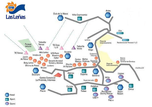 Mapa de alojamiento en la base del cerro Las Leñas