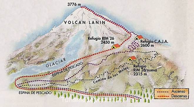 Mapa de rutas senderos ascenso volcán Lanín